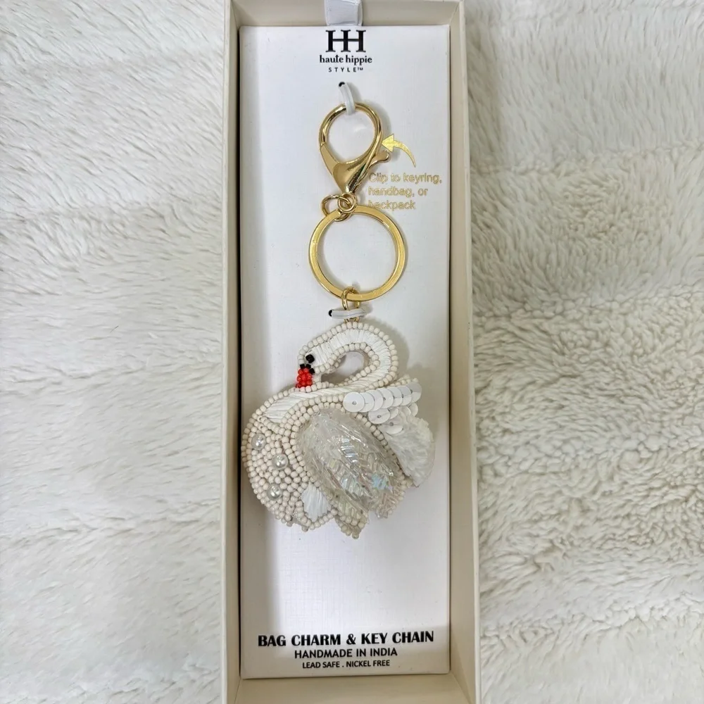 Chic White Swan Pearl Keychain Purse Charm with Gold Accents New